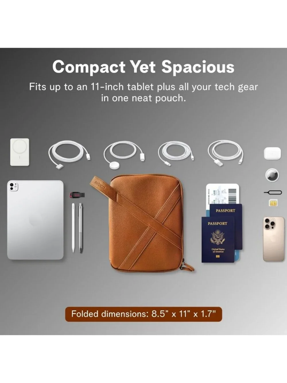 Vegan Leather Travel Tech Organizer Pouch with Tablet Sleeve & Passport Pockets